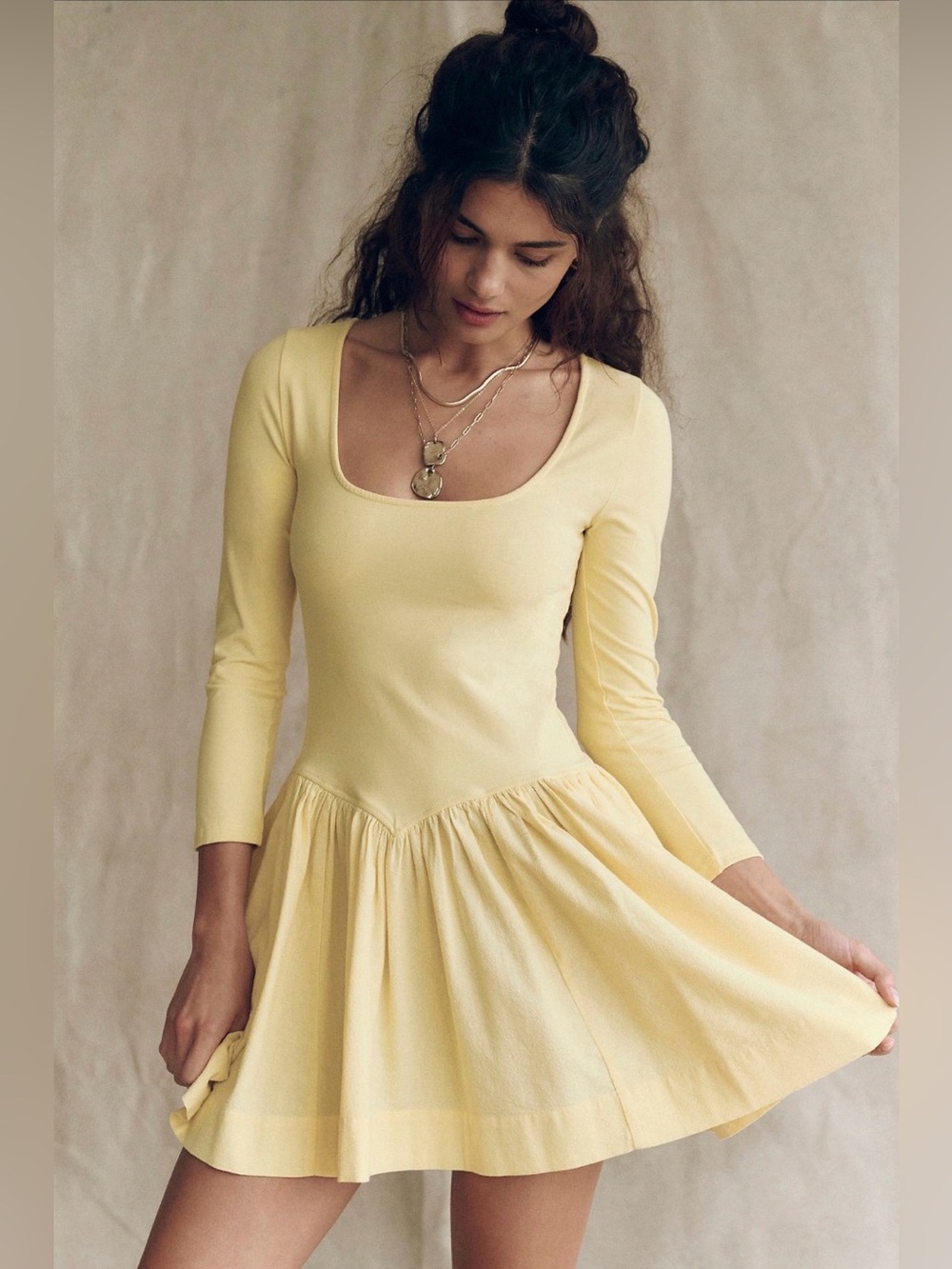 free-est Onda Drop Waist Long Sleeve Mini Dress
